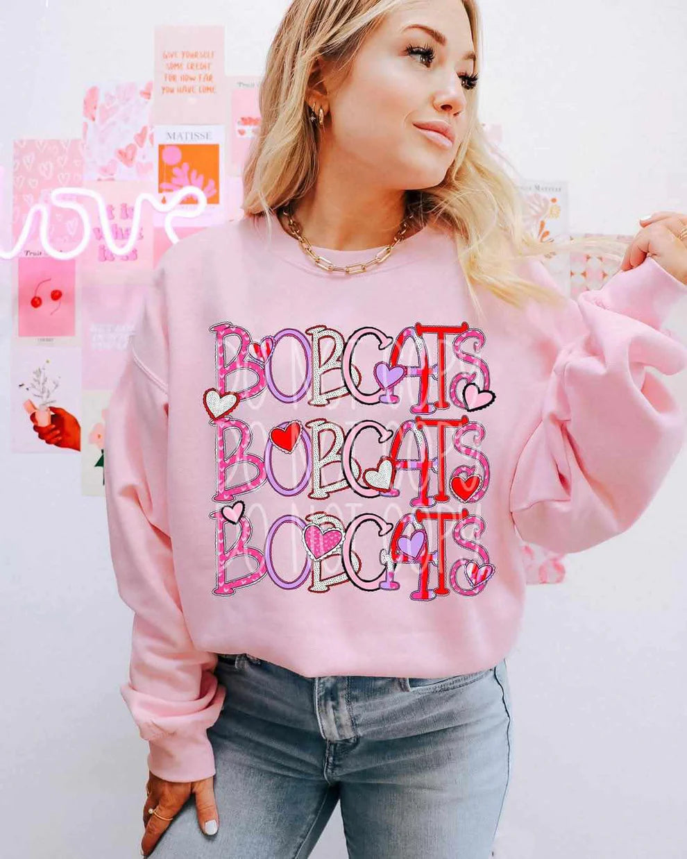 Bobcats Mascot Valentine's Day Gildan Heavy Blend™ 50/50 Fleece Crew Light Pink