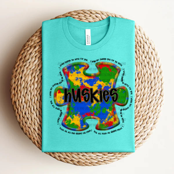 Huskies Change The World Puzzle Piece Autism Bella + Canvas Unisex Jersey Teal