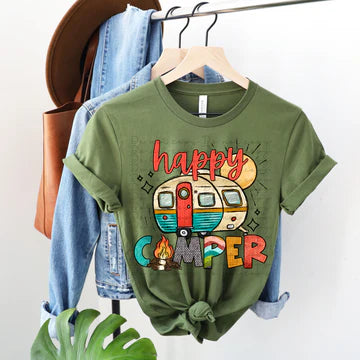 Happy Camper Bella + Canvas Unisex Jersey T-Shirt Military