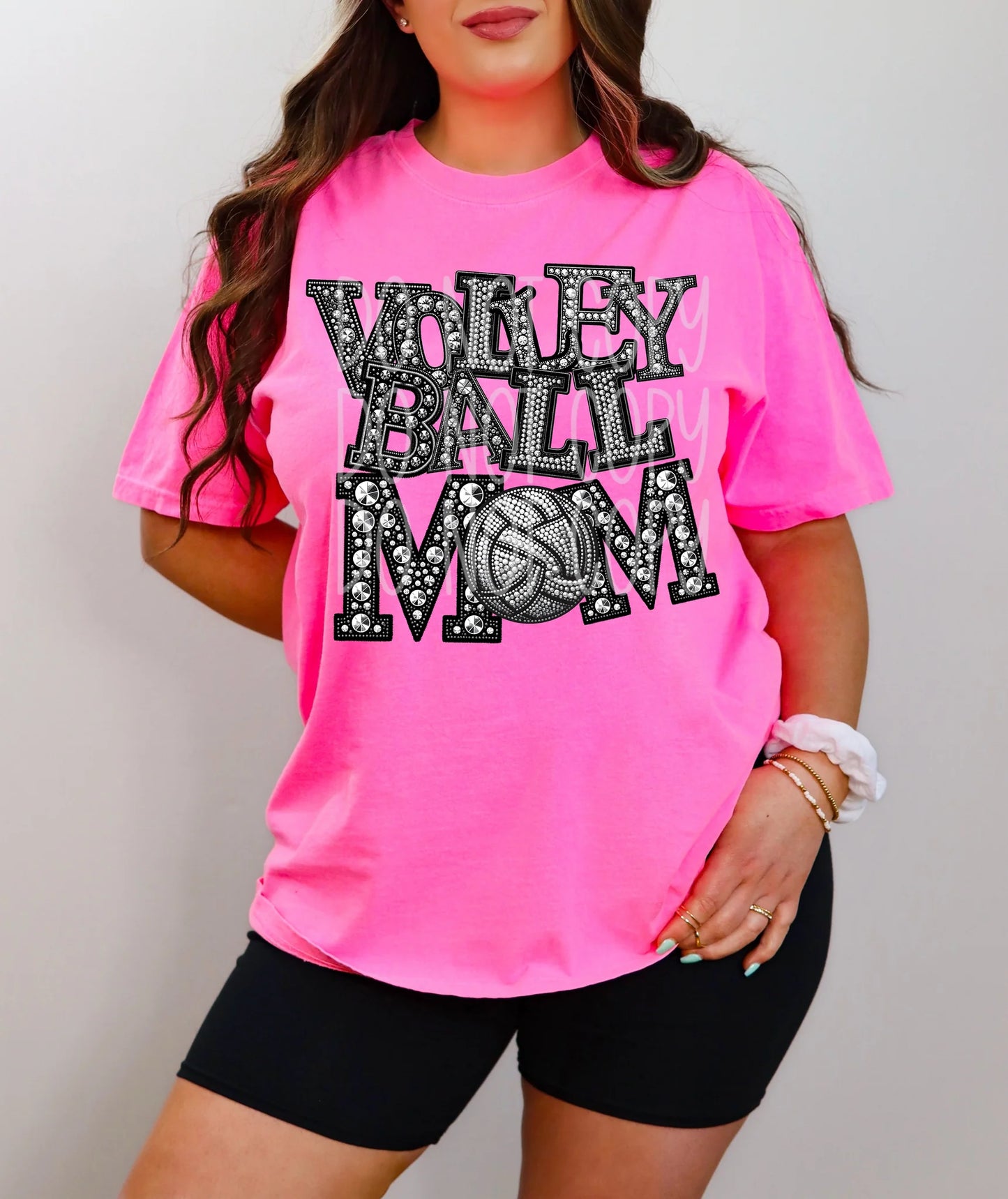 Volleyballl Mom Rhinestone Look Bella + Canvas Unisex Jersey T-Shirt Charity Pink