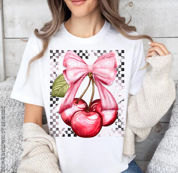 Cherry With Pink Bow Checkered Gildan Softstyle® T-Shirt White
