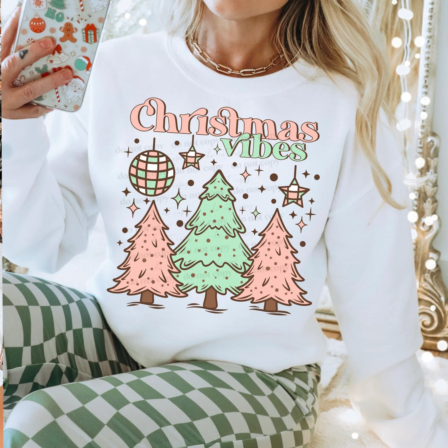 Christmas Vibes Pastel Christmas Trees Gildan Heavy Blend 50/50 Fleece Crew White