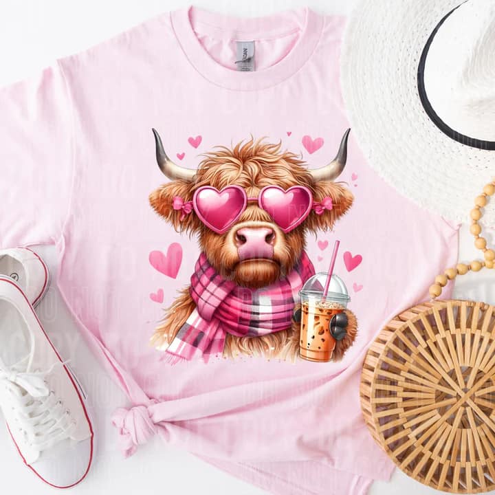 Cow Heart Sunglasses and Iced Coffee Gildan Softstyle® T-Shirt Light Pink