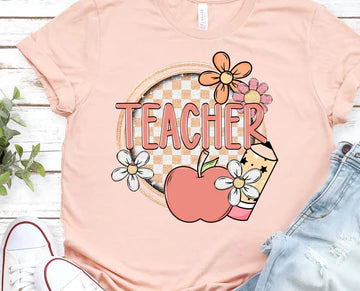 Teacher Apple Circle Bella + Canvas Unisex Jersey T-Shirt Peach