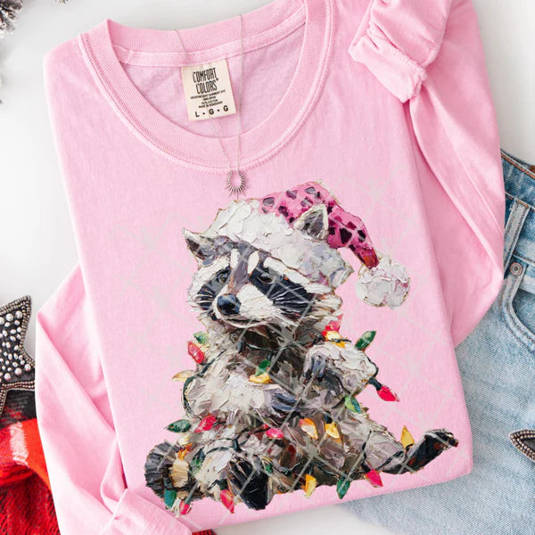 Faux Paint Christmas Racoon Comfort Colors Unisex Garment-Dyed Heavyweight Long Sleeve T-Shirt Blossom