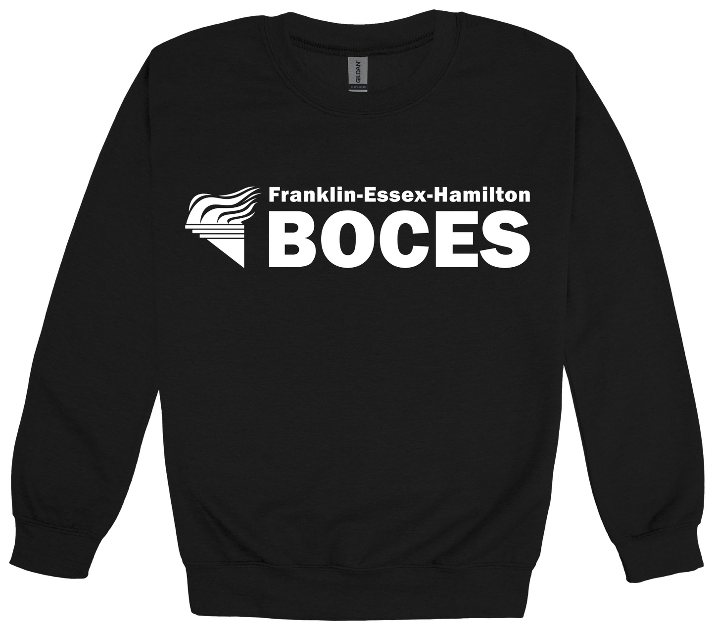 Gildan Heavy Blend Fleece Crewneck Black FEH BOCES White Logo With Torch