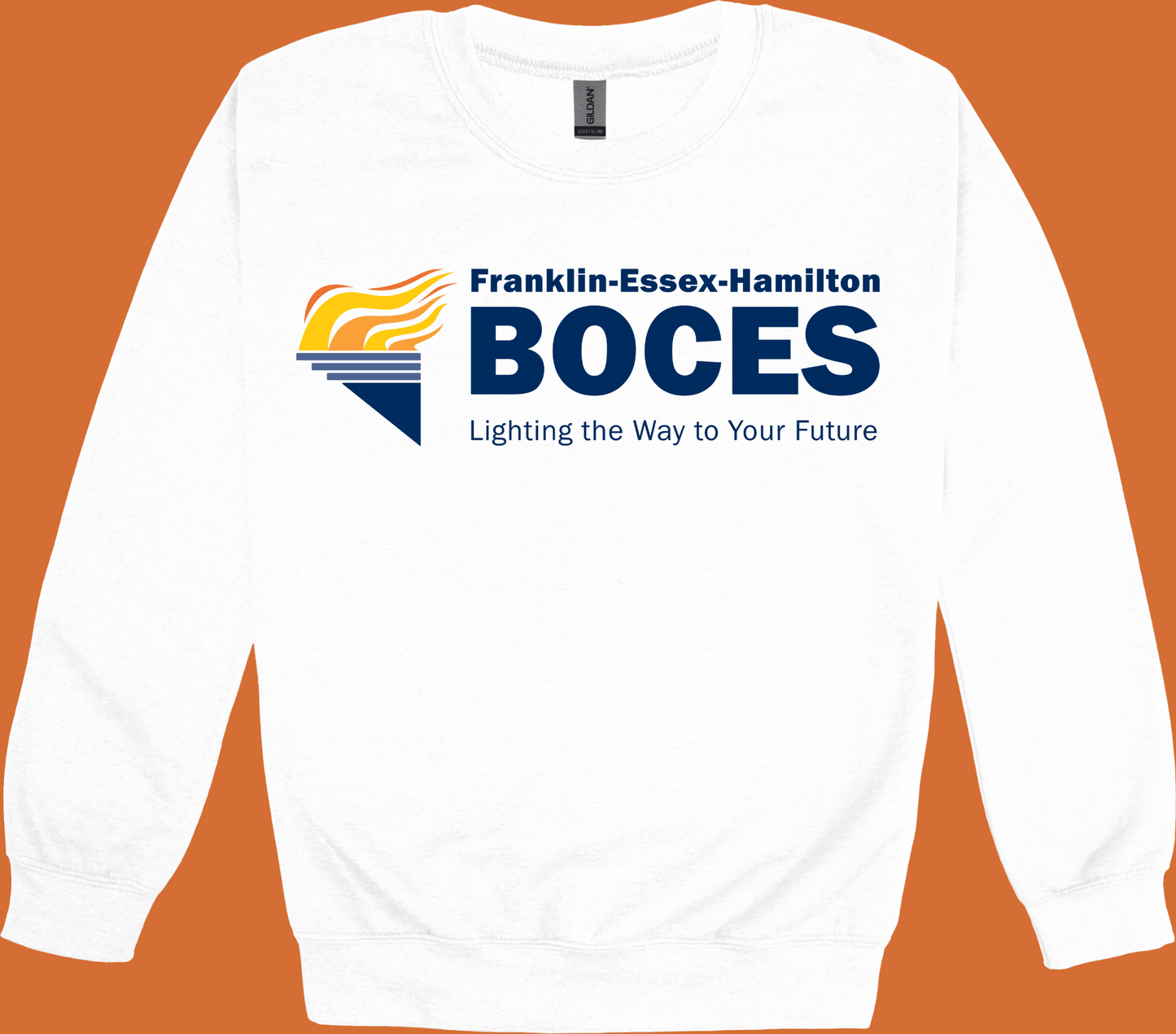 Gildan Heavy Blend Fleece Crewneck White FEH BOCES With Torch Full Color