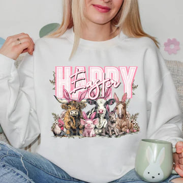 Happy Easter Pink Cow Gildan Unisex Heavy Blend™ Crewneck Sweatshirt White