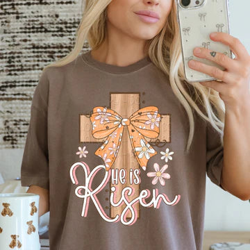 He Is Risen Orange Floral Bow Comfort Colors Adult Heavyweight T-Shirt Expresso