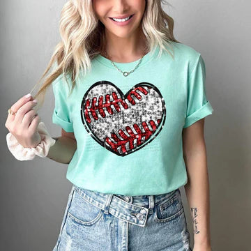 Baseball Heart Sequin Look Bella + Canvas Unisex Jersey T-Shirt Mint