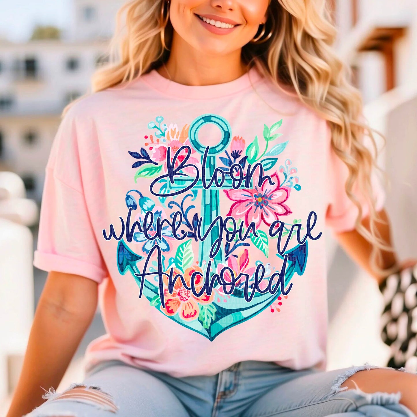 Bloom Where You Are Anchored Bella + Canvas Unisex Jersey T-Shirt Soft Pink