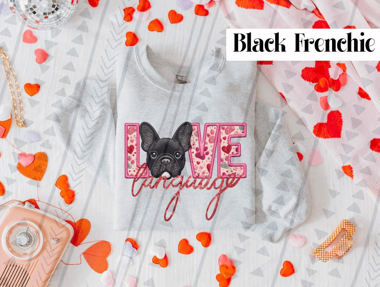 Love Language Black Frenchie Gildan Unisex Heavy Blend™ Crewneck Sweatshirt Ash