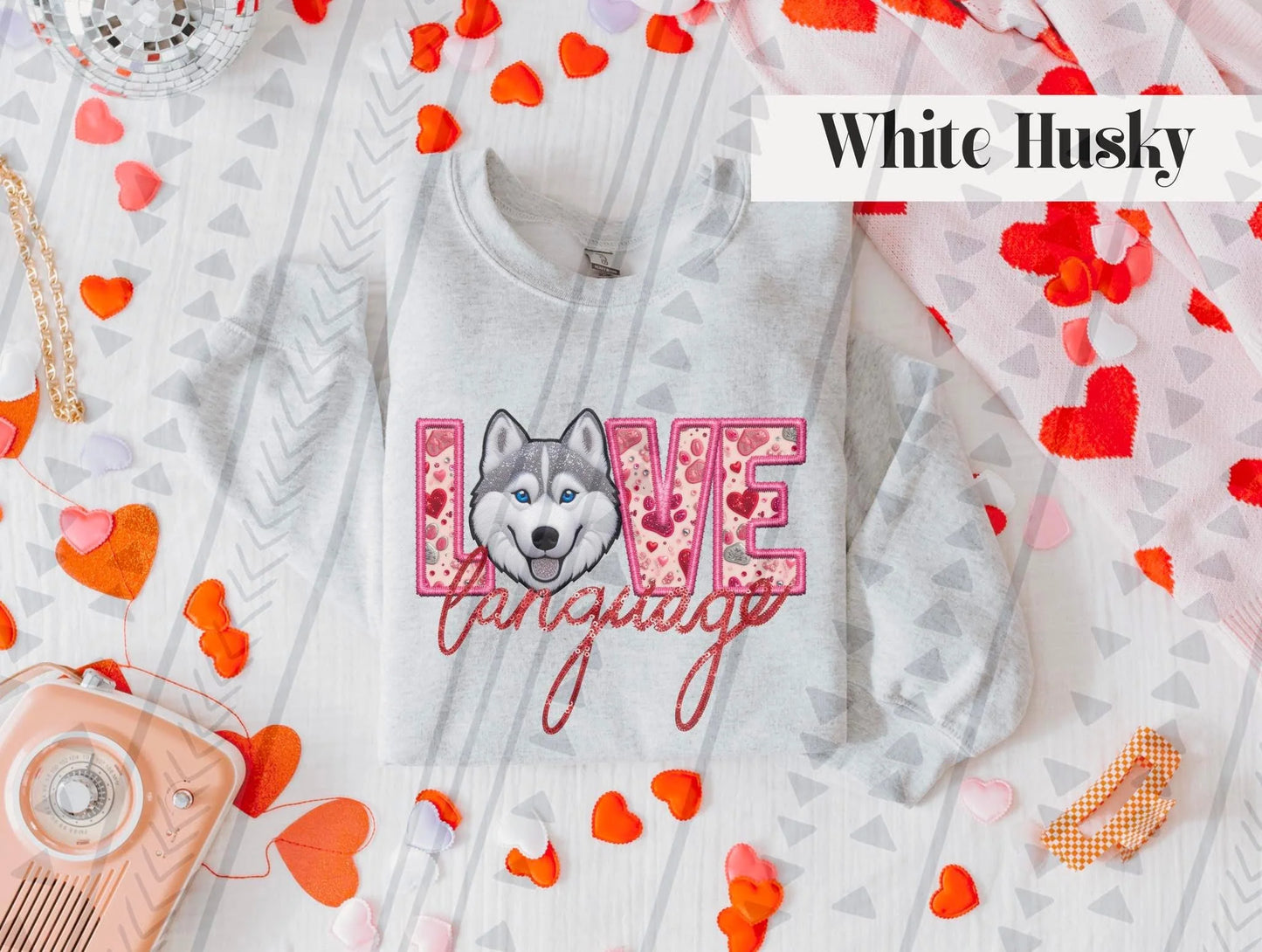 Love Language White Husky Gildan Unisex Heavy Blend™ Crewneck Sweatshirt Ash