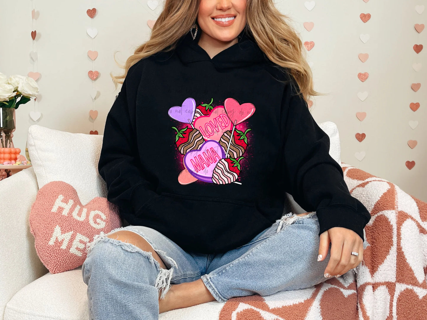 Loved Mama Hearts and Strawberries Gildan Adult Heavy Blend™ 50/50 Hooded Sweatshirt Black