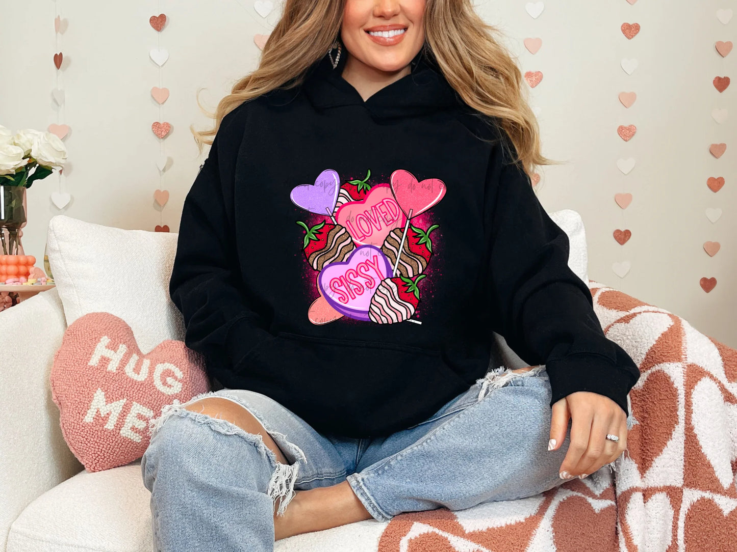 Loved Sissy Hearts and Strawberries Gildan Adult Heavy Blend™ 50/50 Hooded Sweatshirt Black