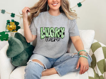 Lucky Teacher Checkered Gildan Softstyle® T-Shirt Sport Grey