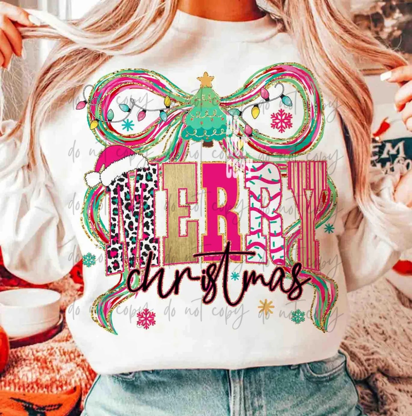 Merry Christmas Bright Leopard Bow Gildan Heavy Blend™ 50/50 Fleece Crew White