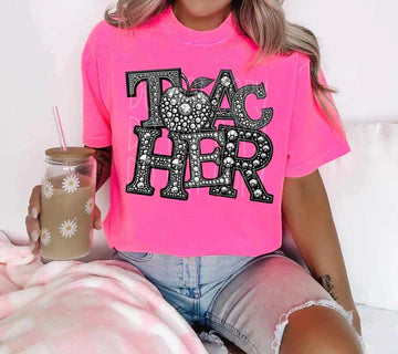 Teacher Rhinestone Bella + Canvas Unisex Jersey T-Shirt Charity Pink
