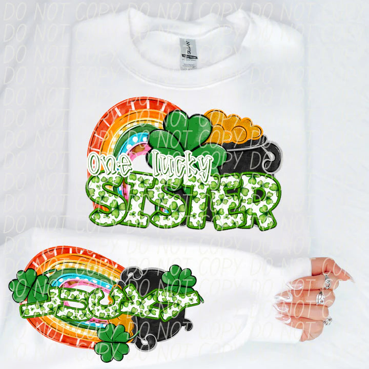 One Lucky Sister With Sleeve Gildan Unisex Heavy Blend™ Crewneck Sweatshirt White