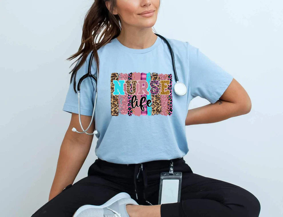 Nurse Life Cheetah Bella + Canvas Unisex Jersey T-Shirt Light Blue