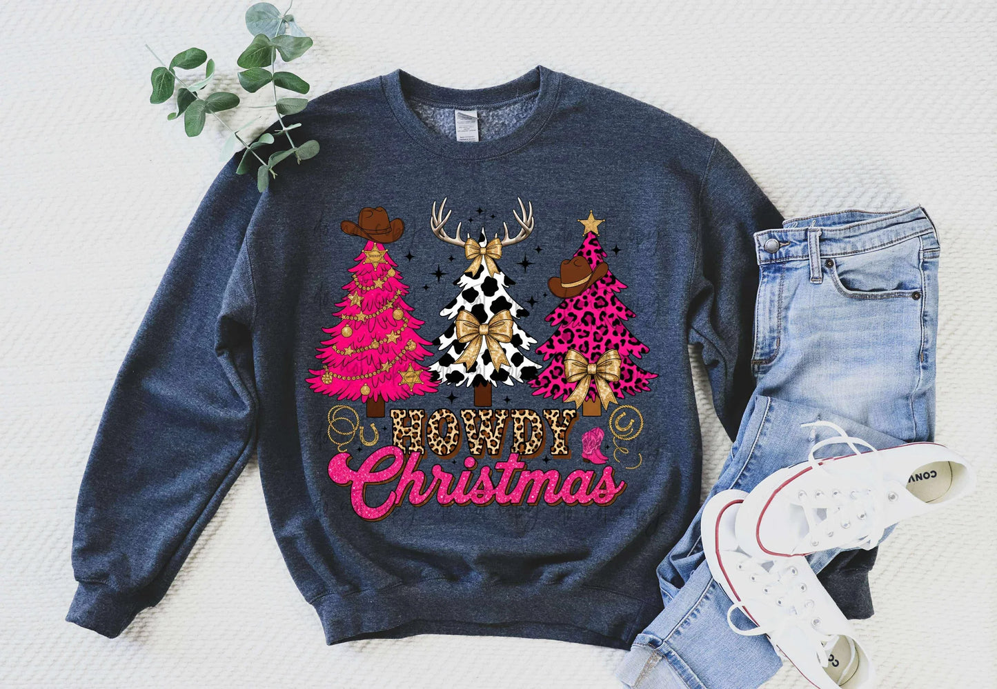 Pink Leopard Howdy Christmas Gildan Heavy Blend™ 50/50 Fleece Crew Heather Dark Navy