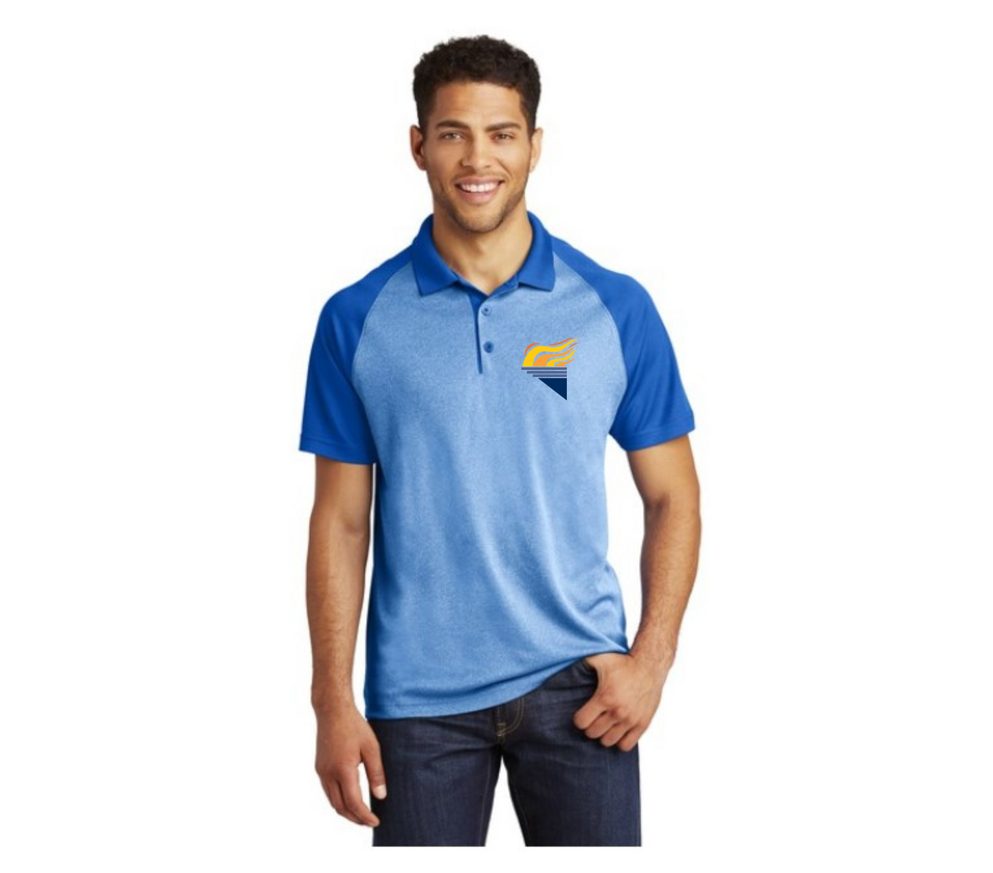 Sport-Tek® PosiCharge® RacerMesh® Raglan Heather Block Polo Blue Full Color Torch Pocket