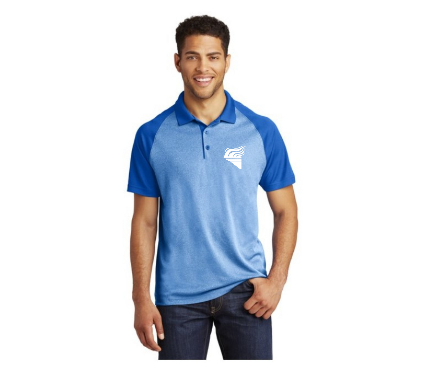 Sport-Tek® PosiCharge® RacerMesh® Raglan Heather Block Polo Blue White Torch Pocket