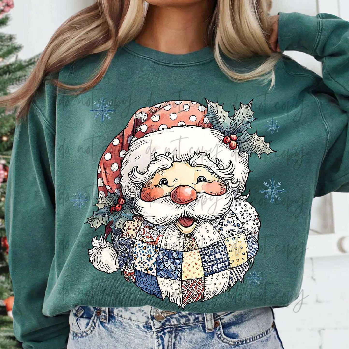 Preppy Patchwork Santa Claus Comfort Colors Unisex Garment-Dyed Crewneck Sweatshirt Blue Spruce
