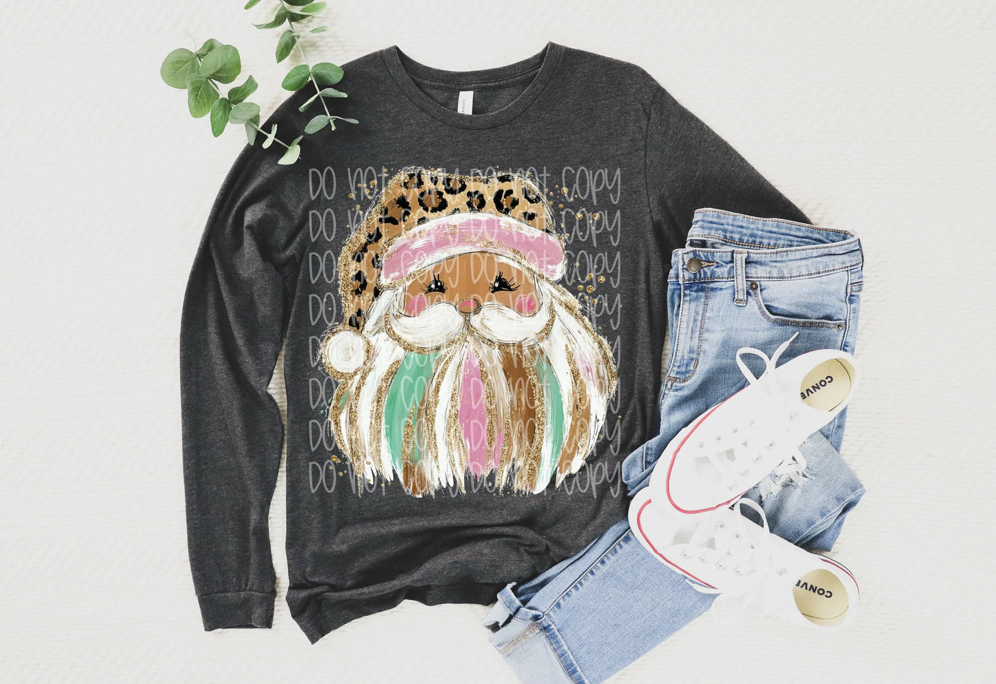 Santa Paintbrush Beard With Leopard Hat Bella + Canvas Heather CVC Long Sleeve Tee Dark Heather Grey