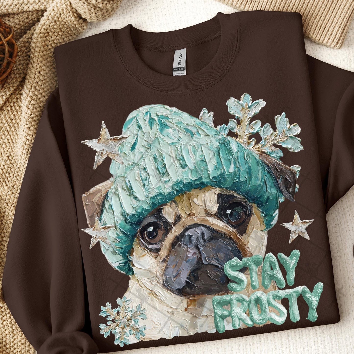 Stay Frosty Pug Gildan Unisex Heavy Blend™ Crewneck Sweatshirt Dark Chocolate