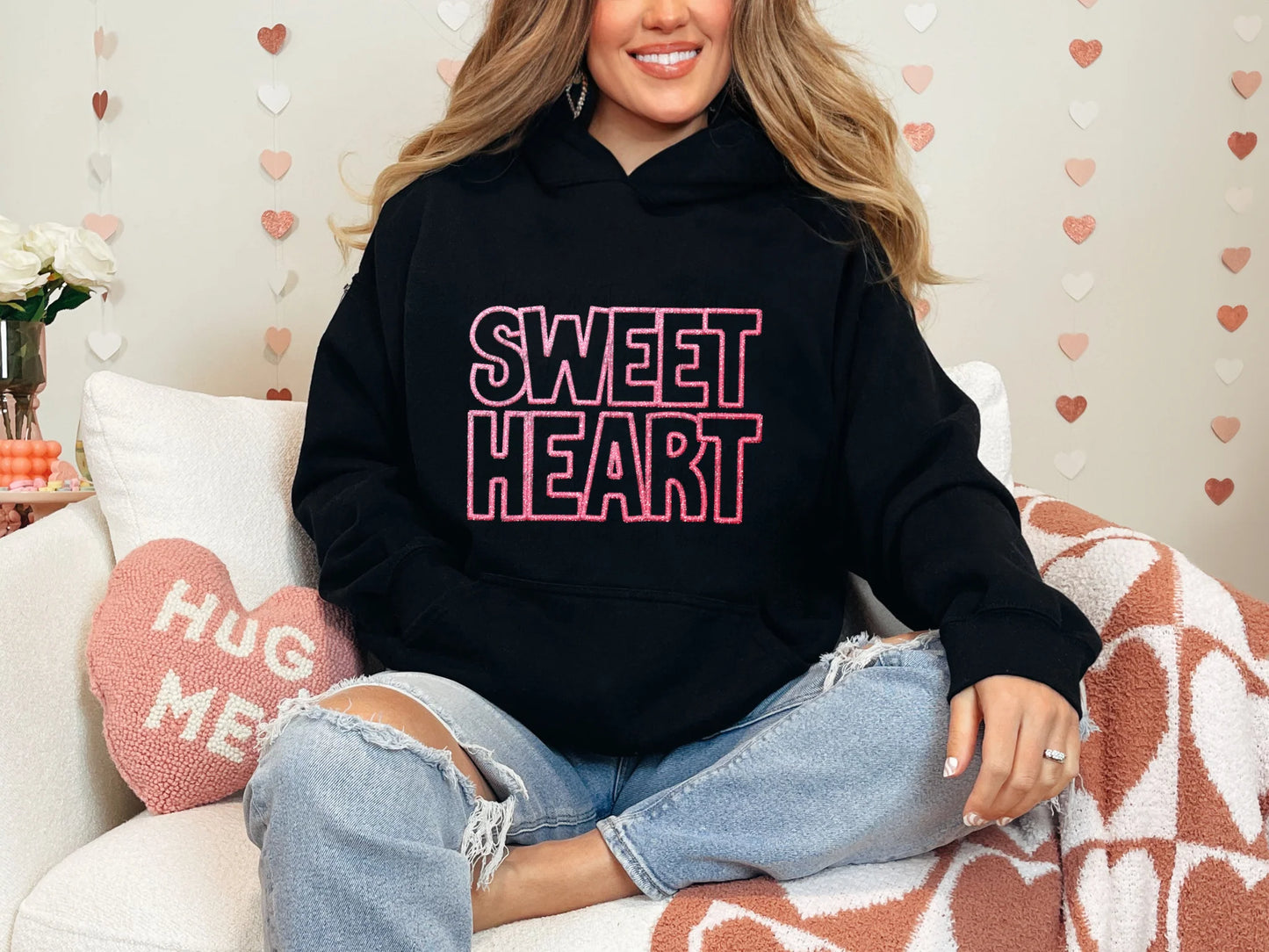 Sweet Heart Pink Outline Gildan Adult Heavy Blend™ 50/50 Hooded Sweatshirt Black