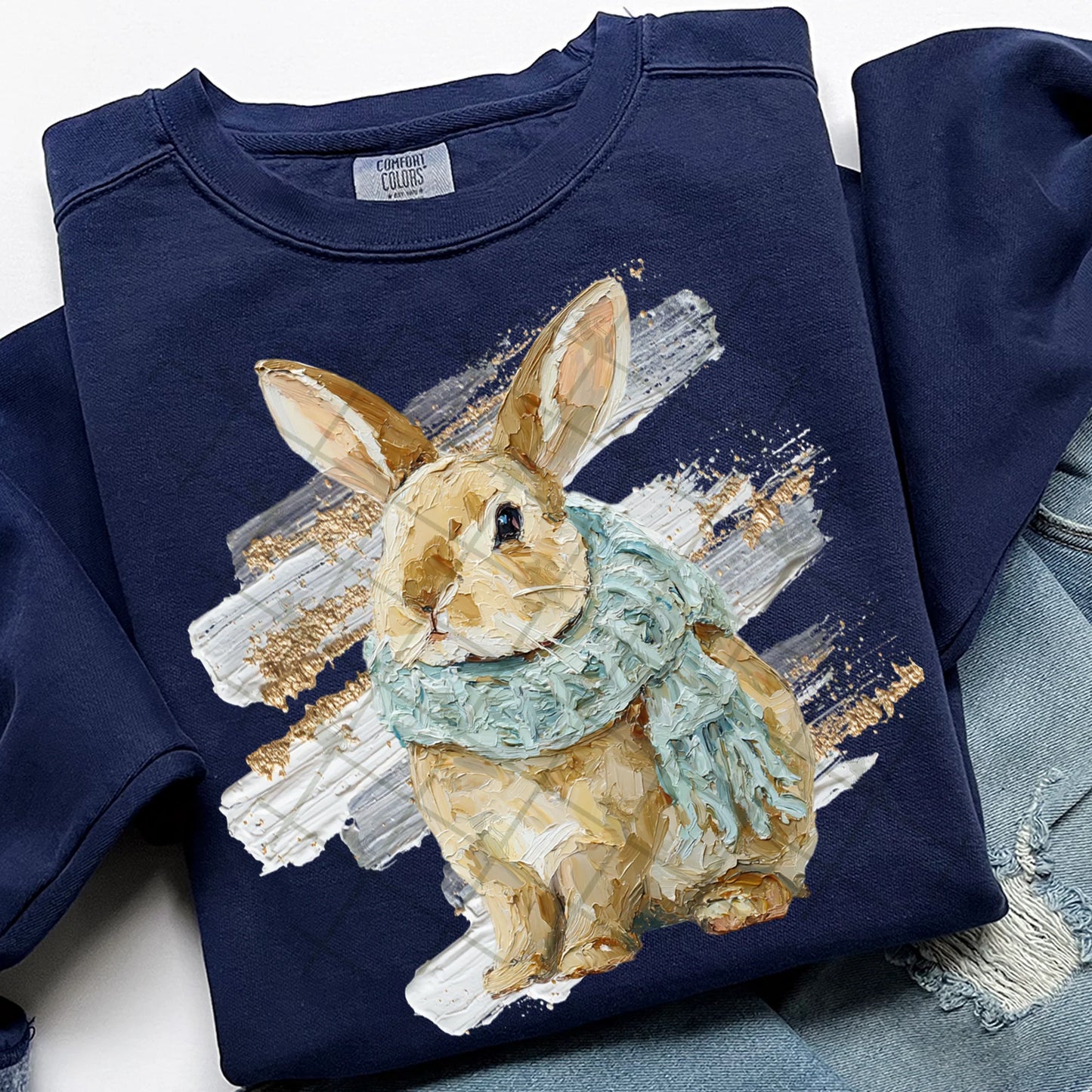 Winter Painted Bunny Comfort Colors Unisex Garment-Dyed Crewneck Sweatshirt True Navy