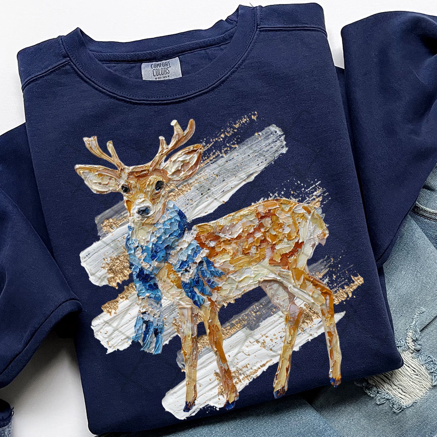 Winter Painted Deer Comfort Colors Unisex Garment-Dyed Crewneck Sweatshirt True Navy