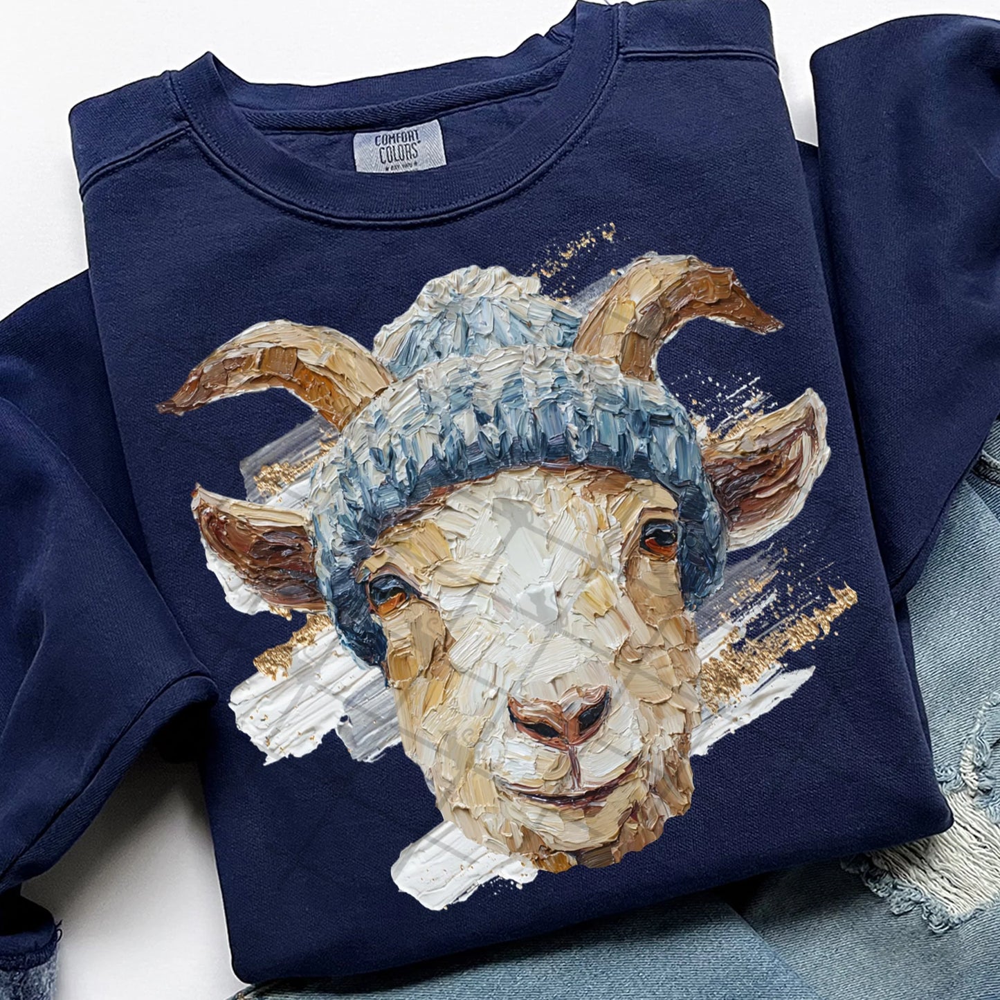 Winter Painted Goat Comfort Colors Unisex Garment-Dyed Crewneck Sweatshirt True Navy