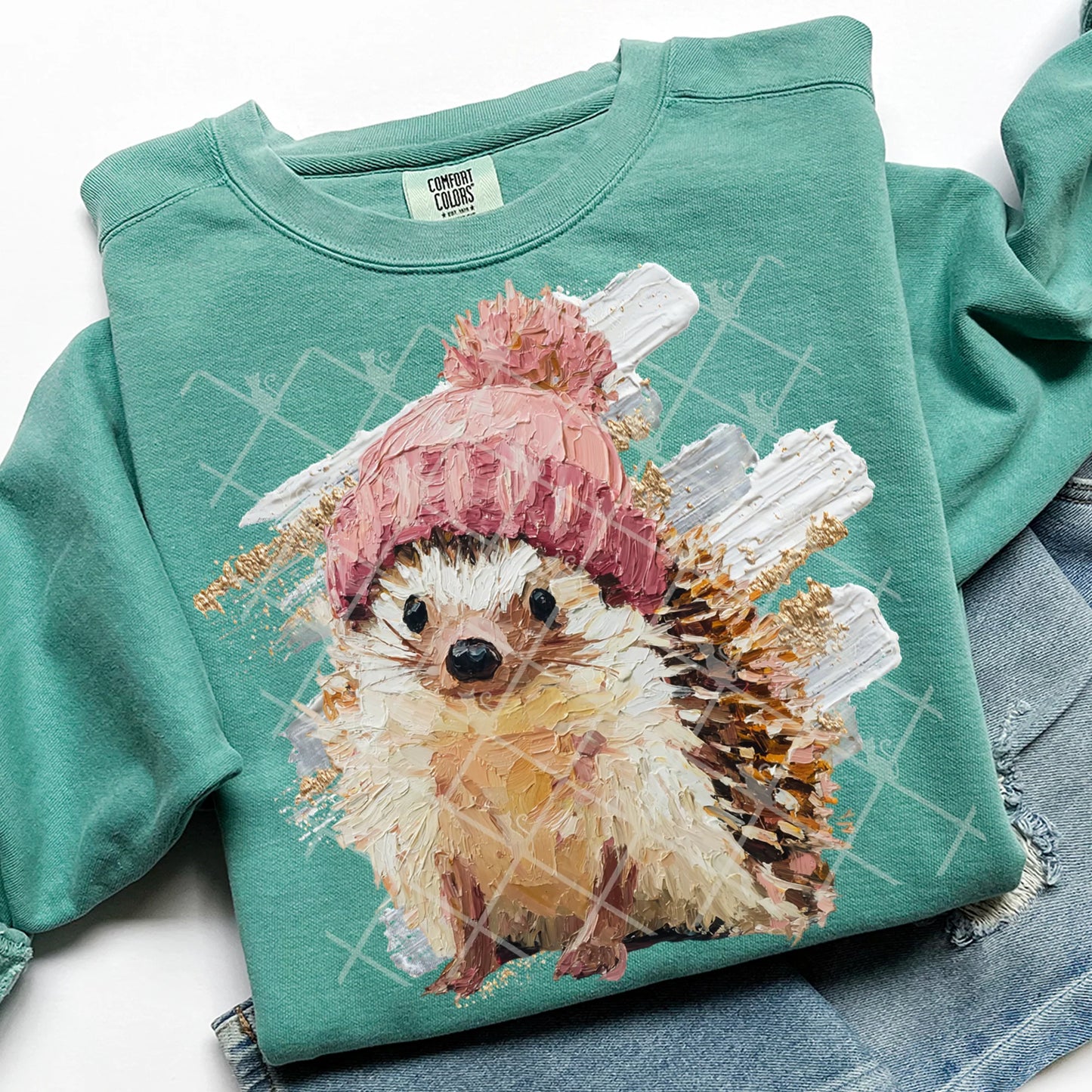 Winter Painted Hedgehog Comfort Colors Unisex Garment-Dyed Crewneck Sweatshirt Light Green