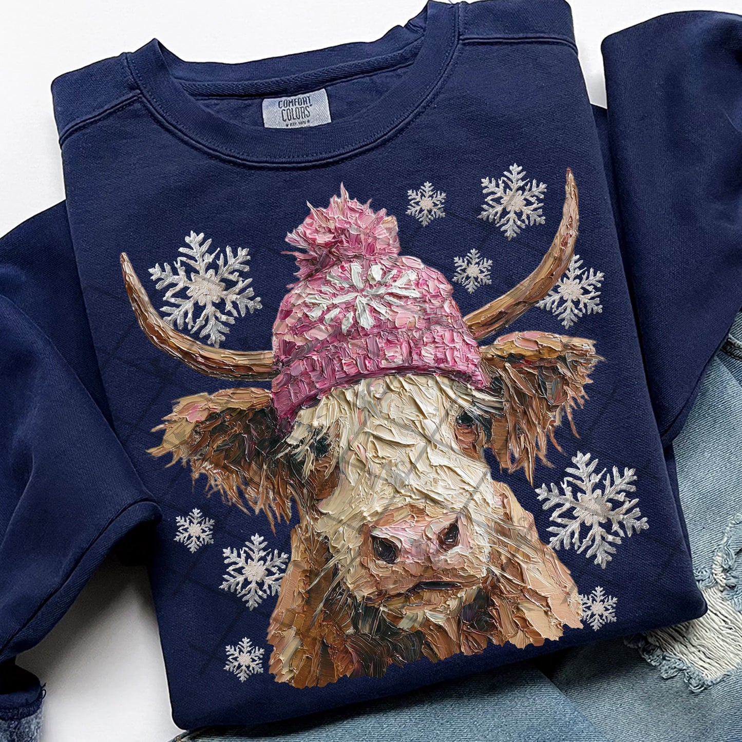Winter Painted Highland Cow Comfort Colors Unisex Garment-Dyed Crewneck Sweatshirt True Navy