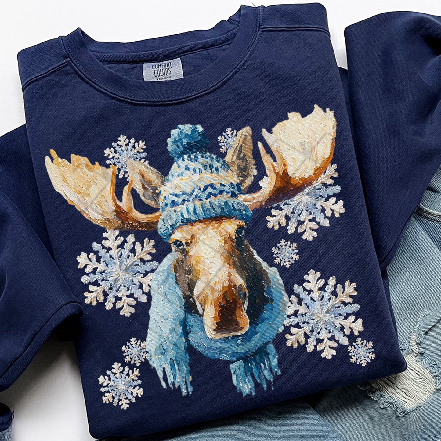Winter Painted Moose Comfort Colors Unisex Garment-Dyed Crewneck Sweatshirt True Navy