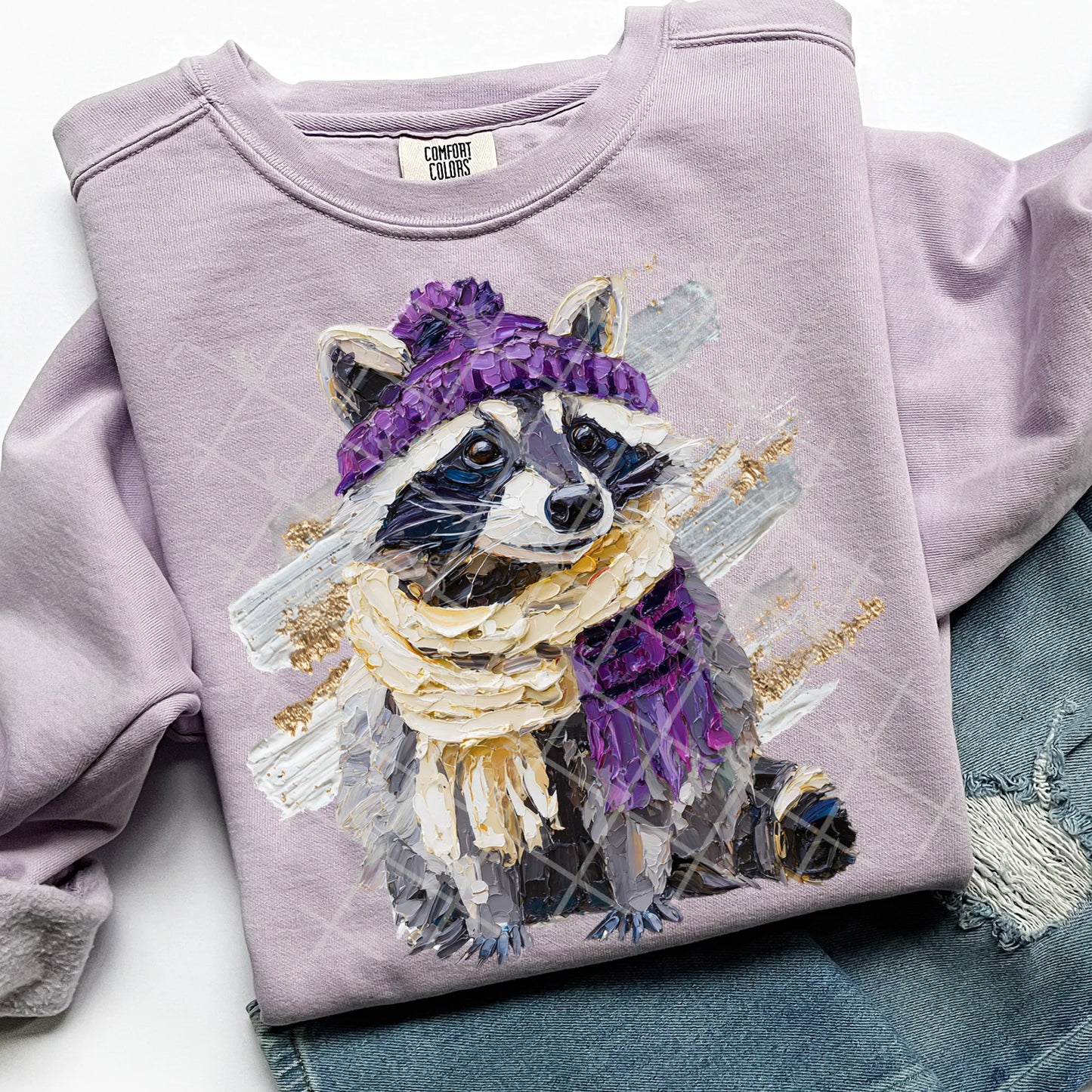 Winter Painted Racoon Comfort Colors Unisex Garment-Dyed Crewneck Sweatshirt Orchid