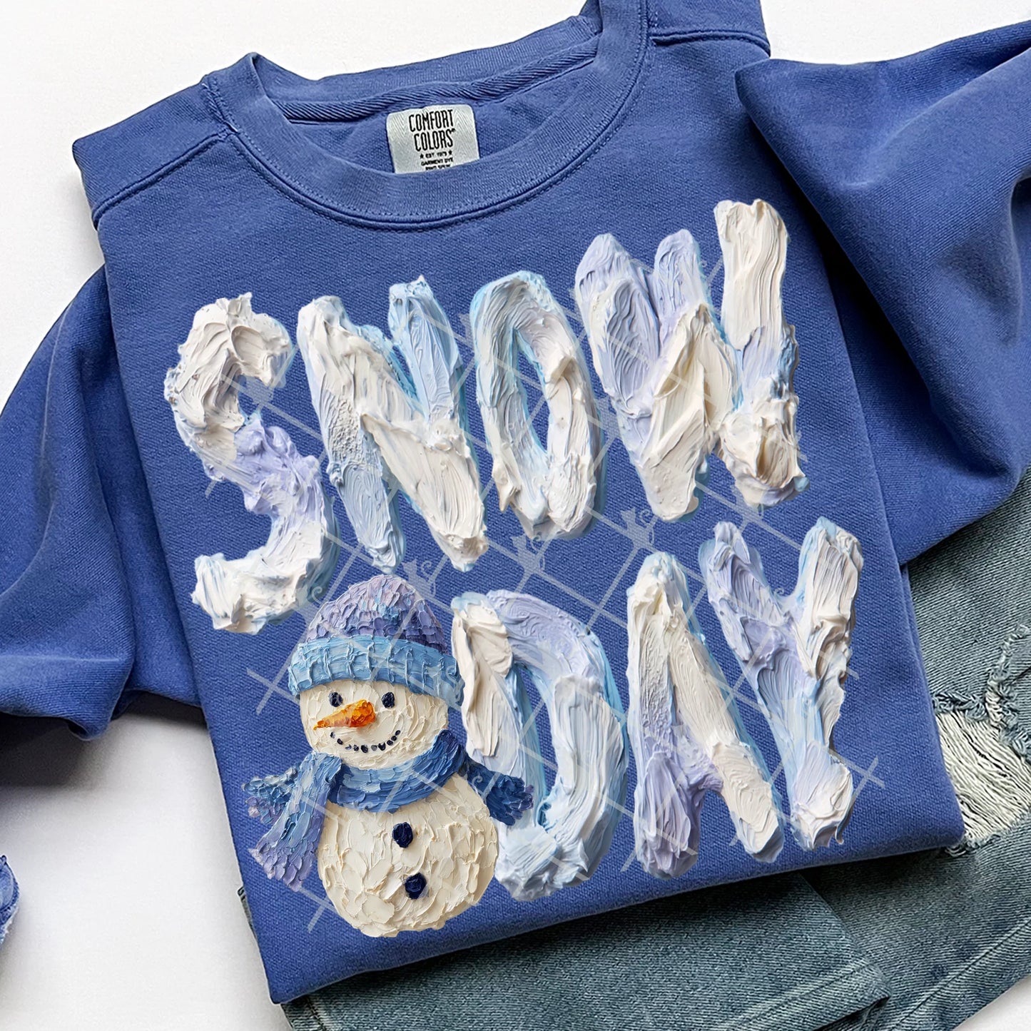 Winter Painted Snow Day Comfort Colors Unisex Garment-Dyed Crewneck Sweatshirt Flo Blue