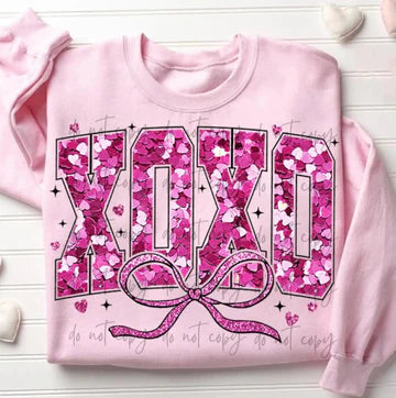 XOXO Faux Sequin Bow Gildan Unisex Heavy Blend™ Crewneck Sweatshirt Light Pink