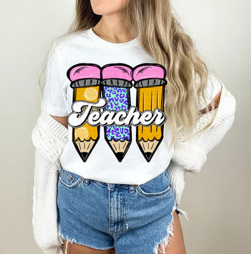 Teacher Pencils X 3 Gildan Heavy Blend™ 50/50 Fleece Crew White