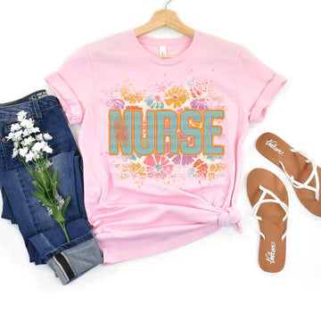 Nurse Floral Bella + Canvas Unisex Jersey T-Shirt Pink