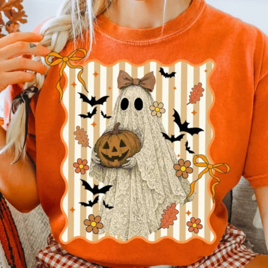 Ghost With Bow and Pumpkin Comfort Colors Adult Heavyweight T-Shirt Burnt Orange