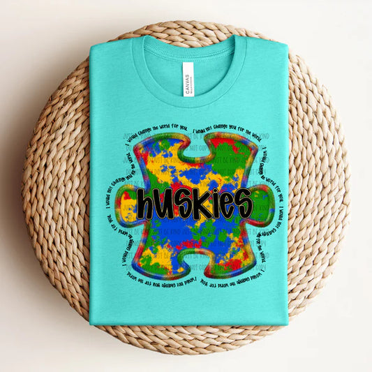 Huskies Change The World Puzzle Piece Autism Bella + Canvas Unisex Jersey Teal