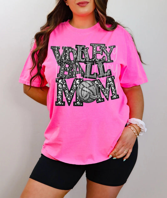 Volleyballl Mom Rhinestone Look Bella + Canvas Unisex Jersey T-Shirt Charity Pink