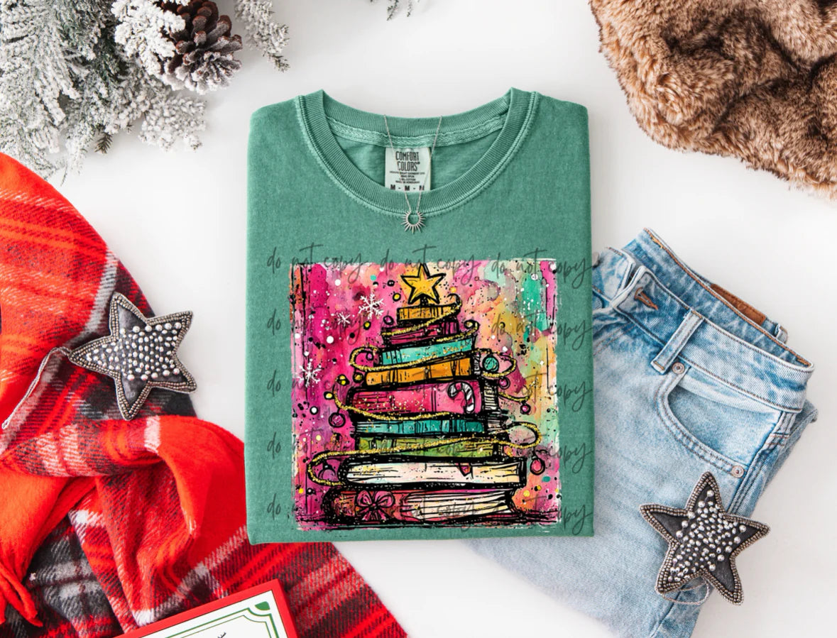 Bright Christmas Tree Books Comfort Colors Adult Heavyweight T-Shirt Light Green