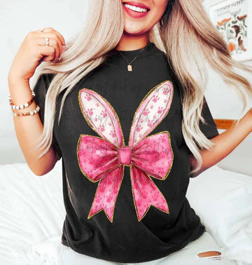 Bunny Ears Bow Pink and Gold Gildan Softstyle® T-Shirt Black
