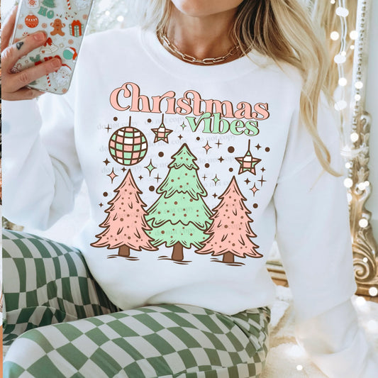 Christmas Vibes Pastel Christmas Trees Gildan Heavy Blend 50/50 Fleece Crew White