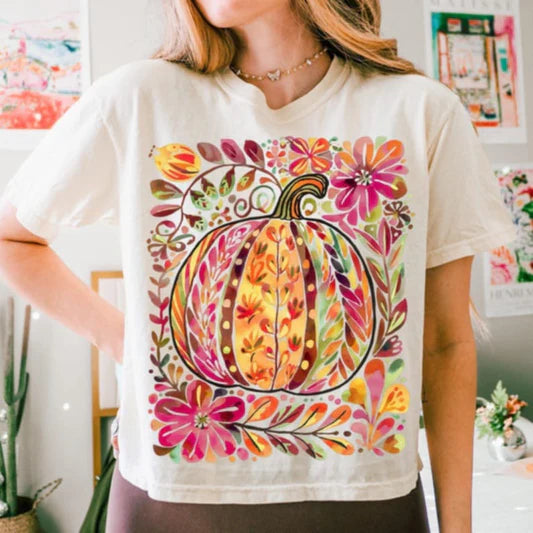Floral Pumpkin Comfort Colors Adult Heavyweight T-Shirt Ivory