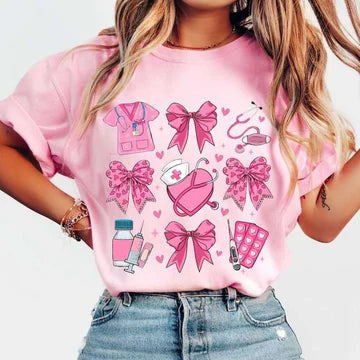Nurse Bow Collage Bella + Canvas Unisex Jersey T-Shirt Pink